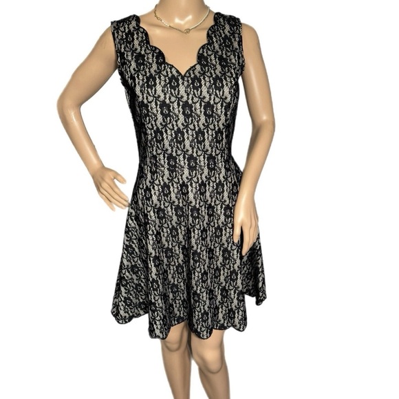 ALTAR’D STATE Fit Flare Mini Beige Black Lace Dress Sleeveless Scalloped Small - Picture 4 of 12